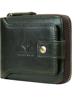 RFID Blocking Leather Bifold Wallet for Men, Zipper Coin Pocket & ID Window